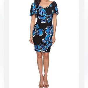 Lauren Ralph Lauren Dress Black/Blues Floral Draped Ruffle V-Neckline Size 8